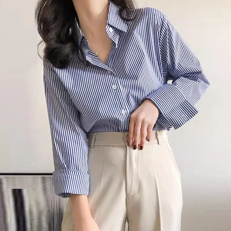 Color: Blue, Size: XXL - Classic Striped Woman Spring Autumn Blouses Shirt Lady Long Lantern Sleeve Stand Collar Loose Blusas Tops