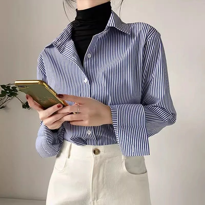 Color: Blue, Size: XXL - Classic Striped Woman Spring Autumn Blouses Shirt Lady Long Lantern Sleeve Stand Collar Loose Blusas Tops