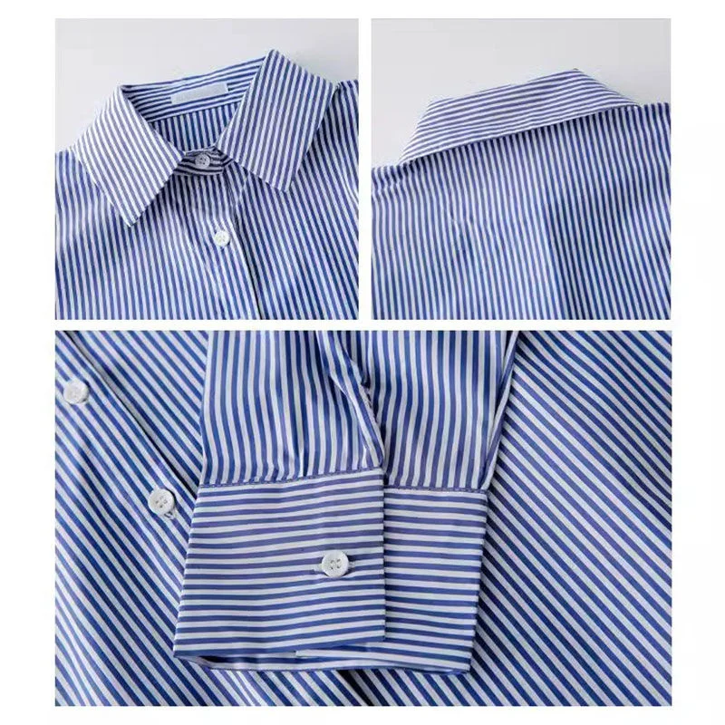 Color: Blue, Size: XXL - Classic Striped Woman Spring Autumn Blouses Shirt Lady Long Lantern Sleeve Stand Collar Loose Blusas Tops