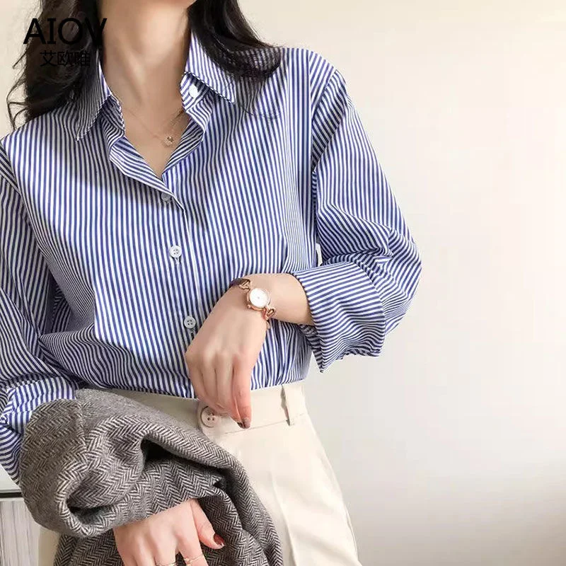 Color: Blue, Size: XXL - Classic Striped Woman Spring Autumn Blouses Shirt Lady Long Lantern Sleeve Stand Collar Loose Blusas Tops