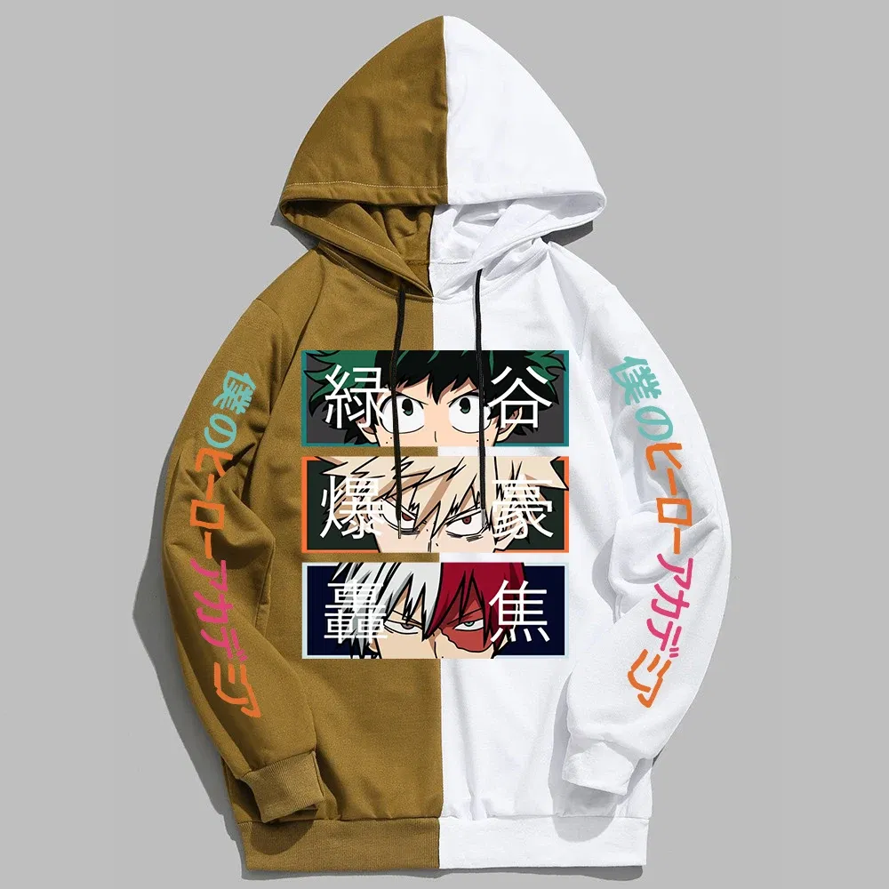 Color: Beige, Size: L - 2022 New Anime My Hero Academia Hoodies Men Pullover Hiphop Hooded Sweatshirt Patchwork Women Streetwear Long Sleeve Unisex Tops