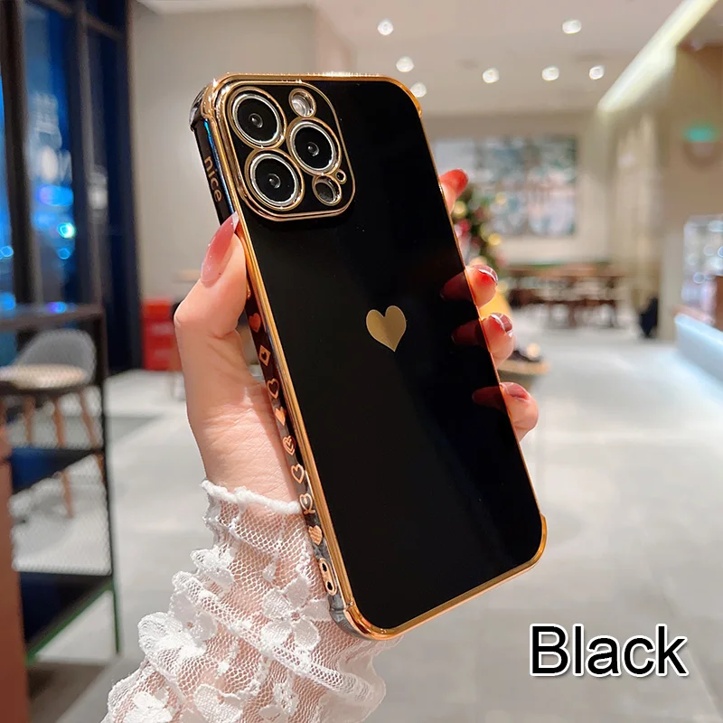Color: black, Compatible-Phone Models: For iPhone 15 Pro Max, Ships From: CN - Electroplating Side Love Heart Phone Case For IPhone 17 16 15 14 13 12 11 Pro Max XR 8 Plus SE2/SE3 Shockproof Back Cover
