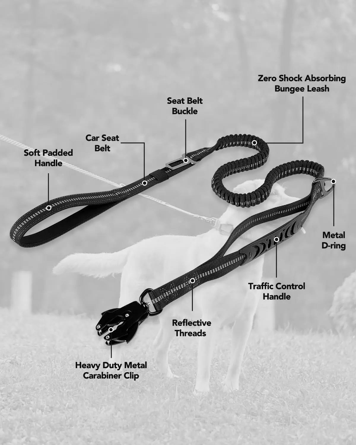 Color: GRAY - Heavy Duty Dog Leash with Elastic Bungee for Medium & Large Dogs - Shock Absorption & Safety Clip Included