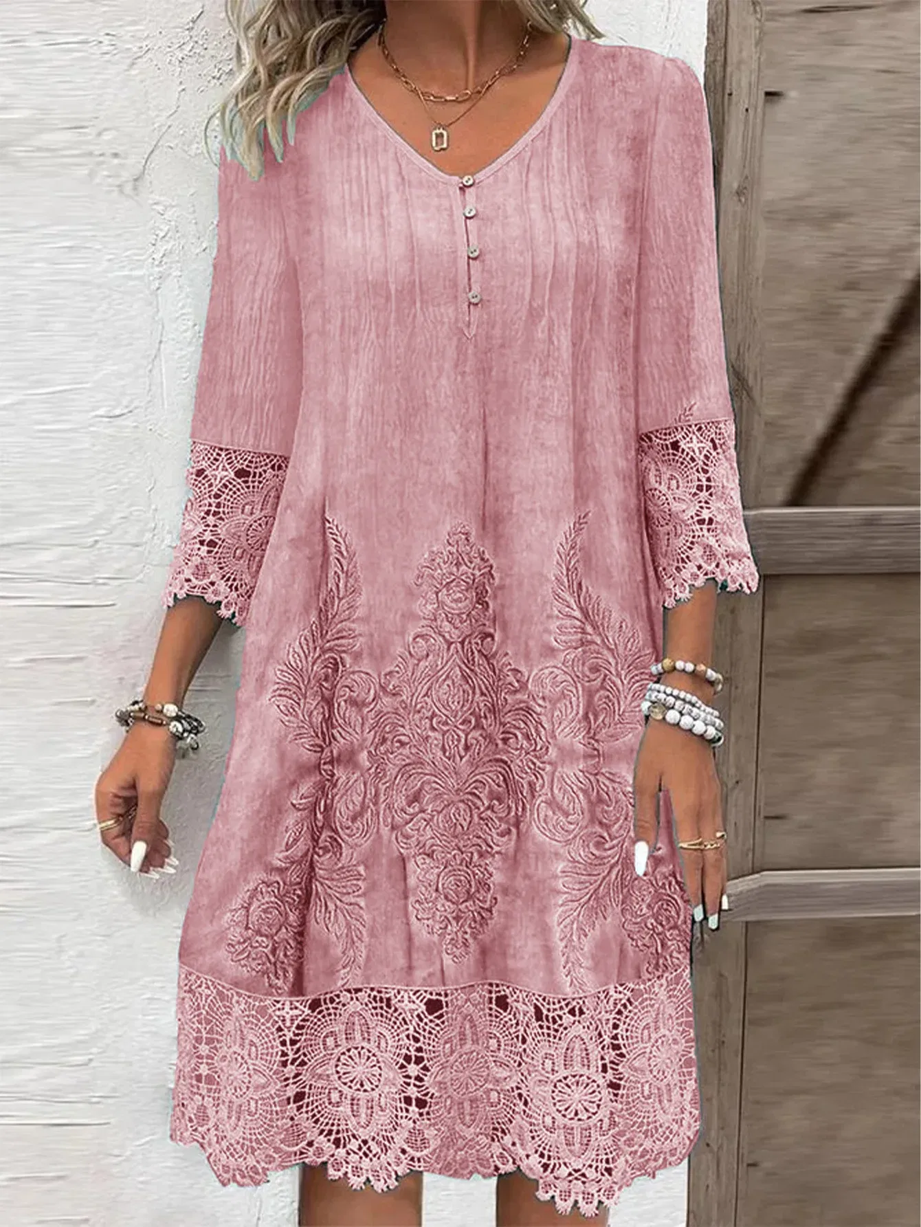 Color: Beige, Size: L - Lace Printed Short Sleeved Button V-neck Women's Dress Elegant Casual Fashionable High Street Spring Dresses