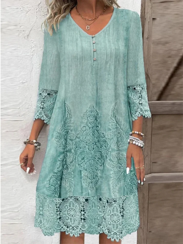 Color: Beige, Size: L - Lace Printed Short Sleeved Button V-neck Women's Dress Elegant Casual Fashionable High Street Spring Dresses
