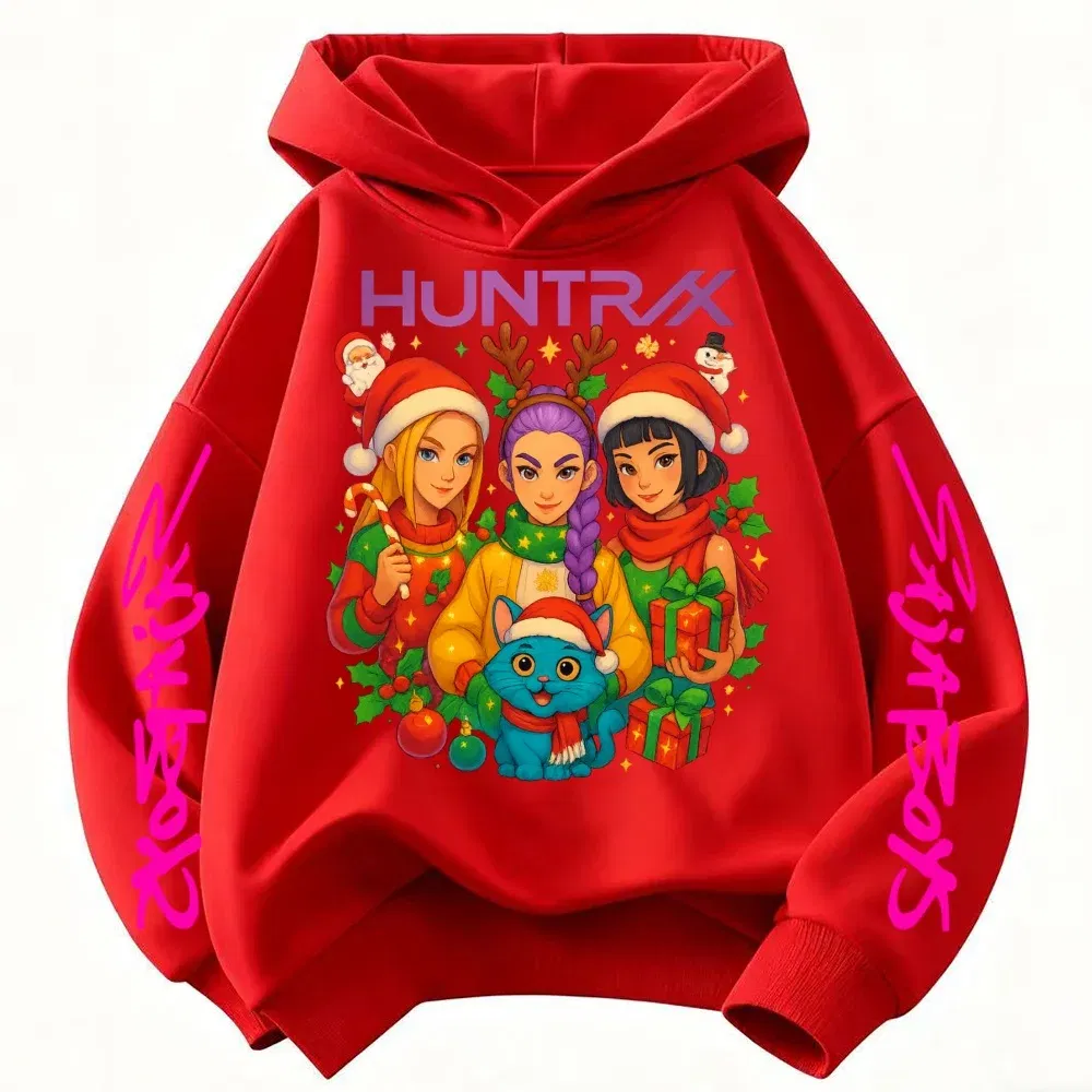 Color: GRAY, Kid Size: 4T - KPop Demon Hunters Christmas Hoodie Girls Fashion Casual Sweatshirt Movie Kids K-Pop Demon Hunters Hooded Tops