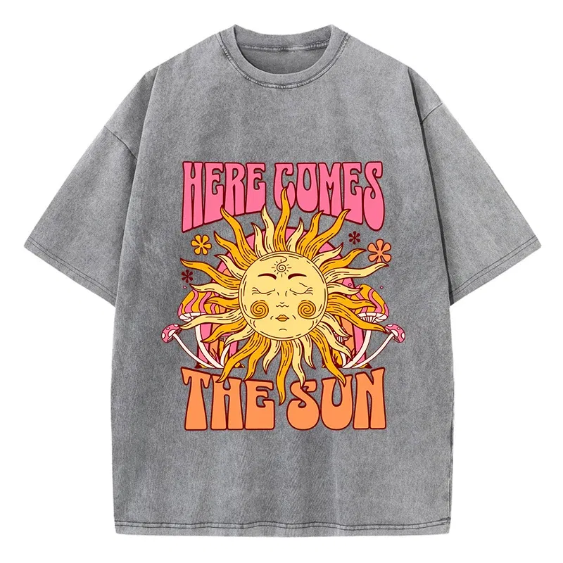Color: Gold, Size: XXL - Oversize Women's Washed T-Shirt Cotton Here Comes The Sun Prints T Shirts Casual O-Neck Short Sleeve Tops Loose Women's Clothes