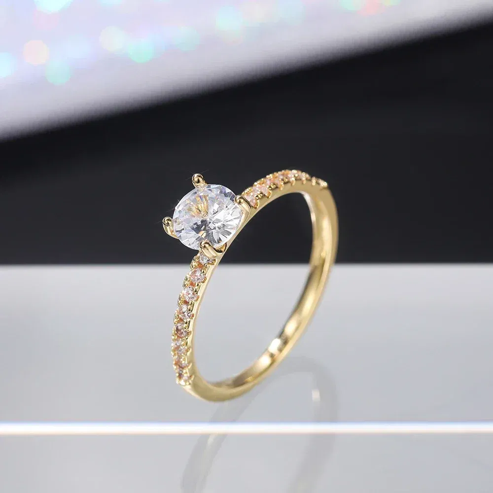 Main Stone Color: Blue, Ring Size: 5 - Huitan Classic 4 Claws Design Round Zirconia Women Wedding Engagement Rings 3 Colors Available Low-key Bridal Jewelry Hot Sale