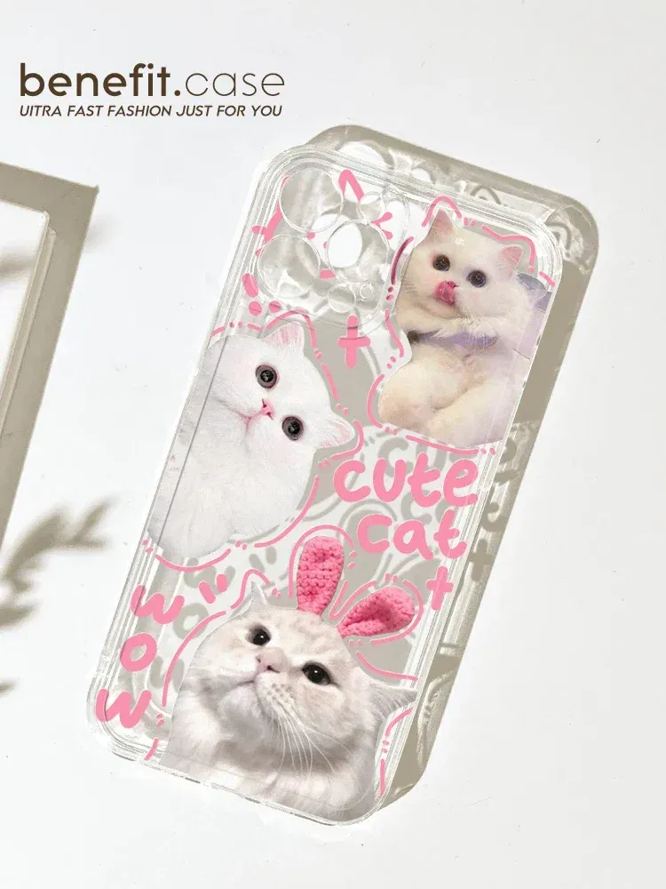 Color: Beige, Material: Microfiber - Cute Kitten Phone Case for iPhone 15 14 13 12 11 Pro Max XR XS X 7 8 Plus Mini SE Clear Cat Mobile Case