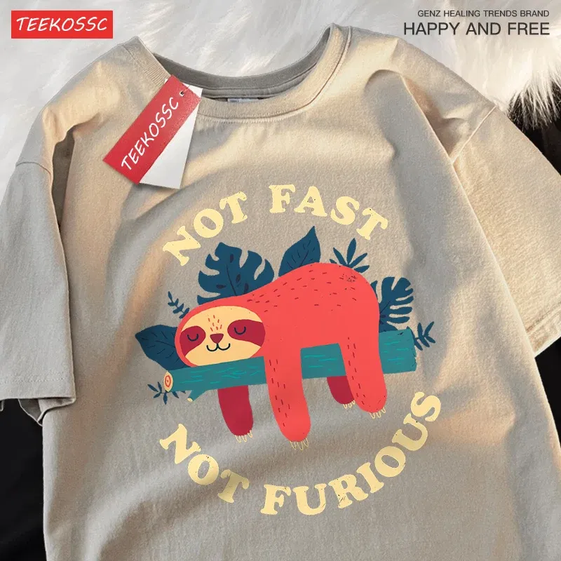 Color: green, Size: S - Not Fast Not Furious Cute Sloth Male T Shirts Hip Hop Crewneck Short Sleeve Summer Cotton Tops Casual Sweat Oversized T-Shirts