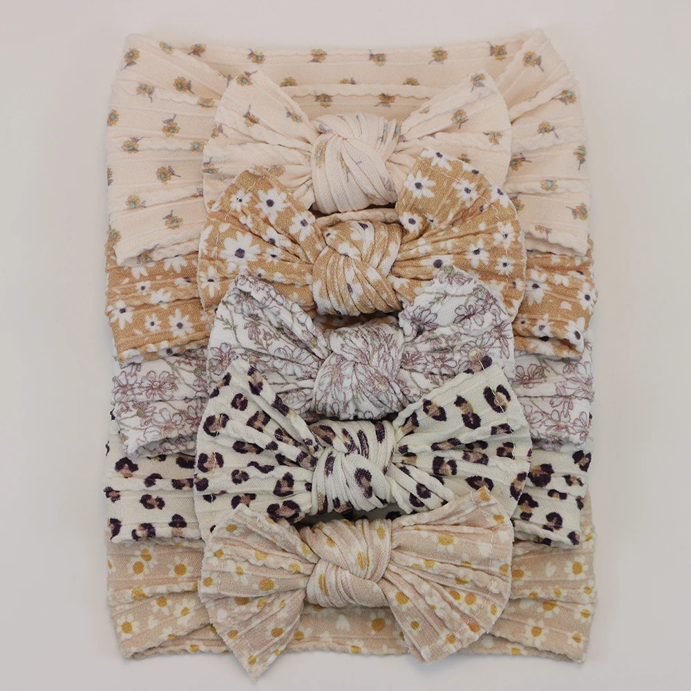 Color: Beige - 5pcs/Lot Cable Knit Bow Baby Headbands Elastic Nylon Baby Girl Headband For Children Turban Newborn Infant Kids Hair Accessories