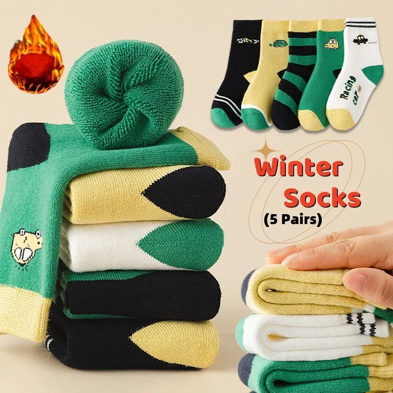 Color: Blue, Size: 7-9T - Children's Winter Socks 5 Pairs Student's Thick Cotton Socks Boys Warm Winter Socks Cartoon Racing Car Pattern