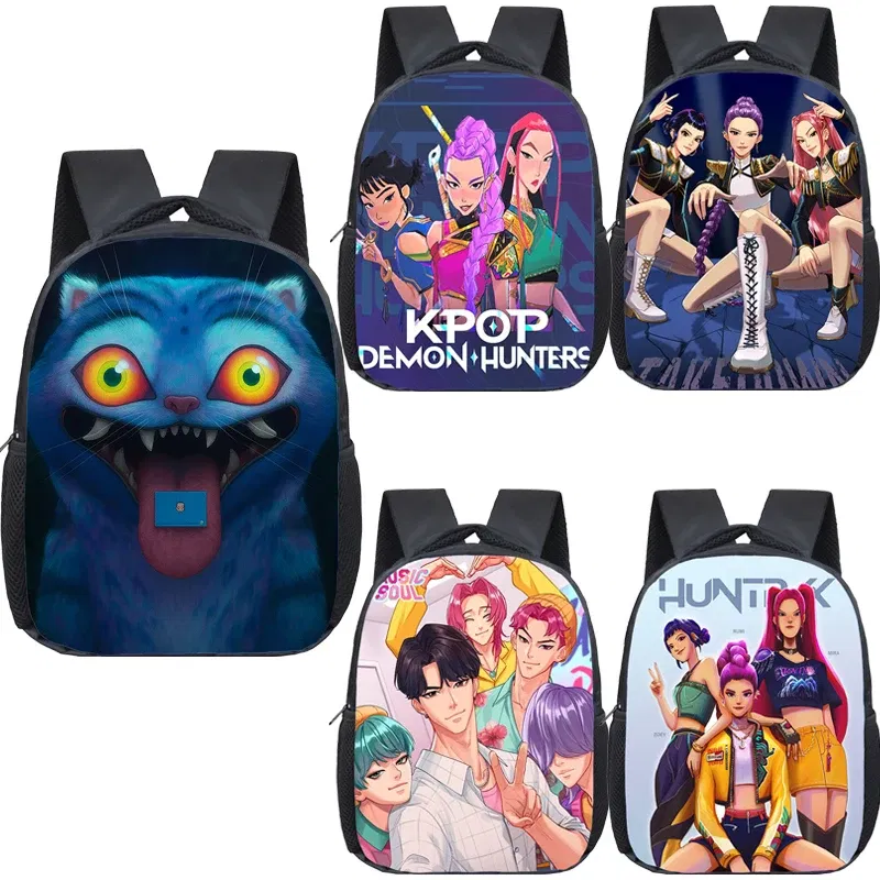 Color: Dark Khaki - KPop Demon Hunters School Bags 12inch Lightweight Children Backpack Girls Boys Orthopedic Kids Book Bags Back To School Mochilas