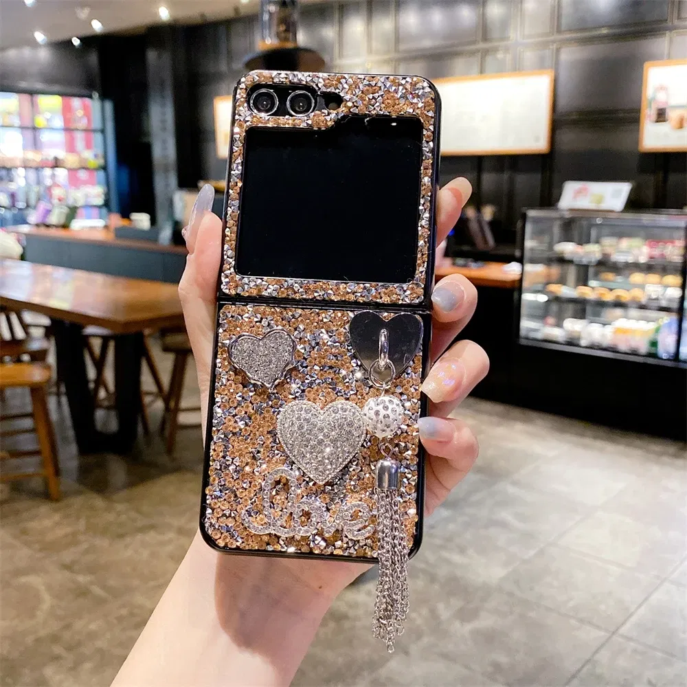 Color: Khaki, Material: Canvas - Luxury Heart Diamond Tassel Phone Case for Samsung Galaxy Z Flip5 Case Z Flip4 Cover Z Flip3 Capa Z Flip 5 4 3 Cover 5G