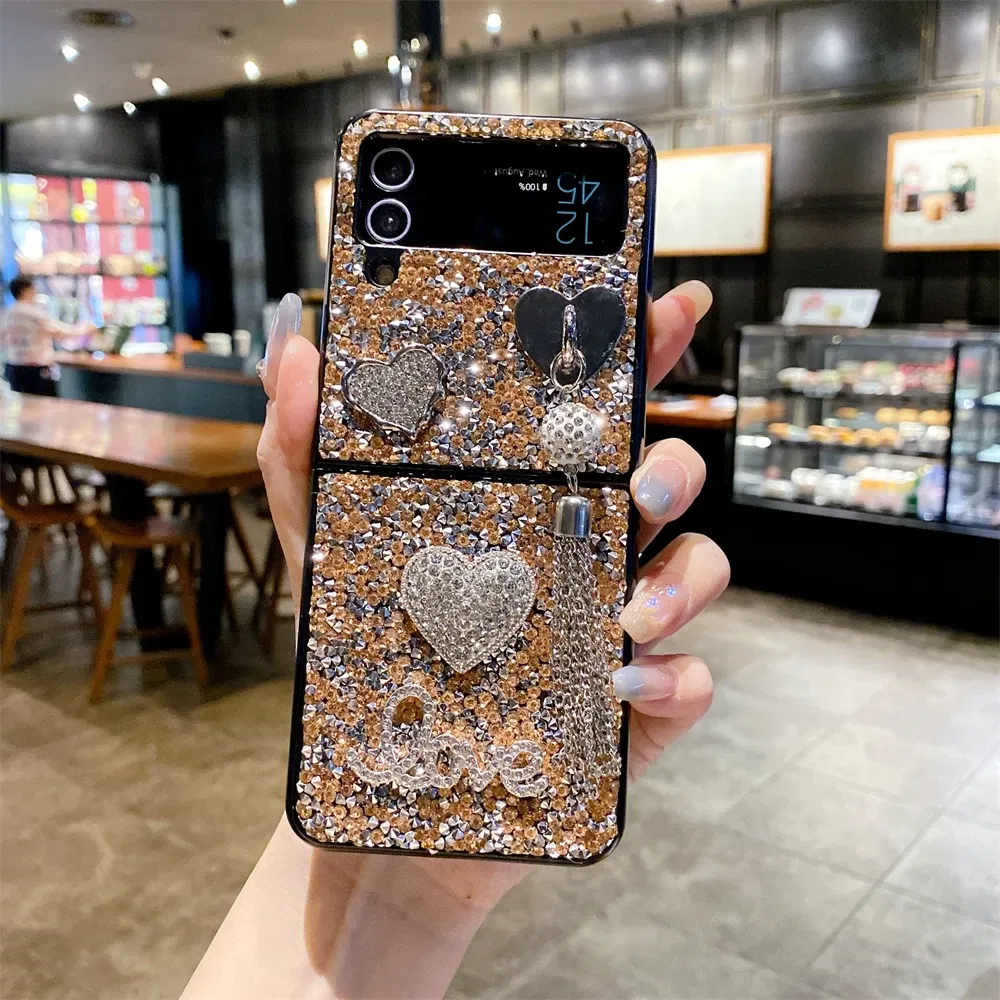 Color: Khaki, Material: Canvas - Luxury Heart Diamond Tassel Phone Case for Samsung Galaxy Z Flip5 Case Z Flip4 Cover Z Flip3 Capa Z Flip 5 4 3 Cover 5G