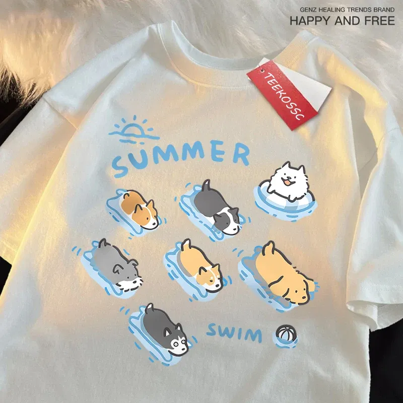 Color: Dark Grey, Size: XL - Fun Cat And Dog Swimming Japanese Style T-Shirt Female Casual Loose T-Shirts Summer Cotton Tops Fashion Breathable Tee Clothing