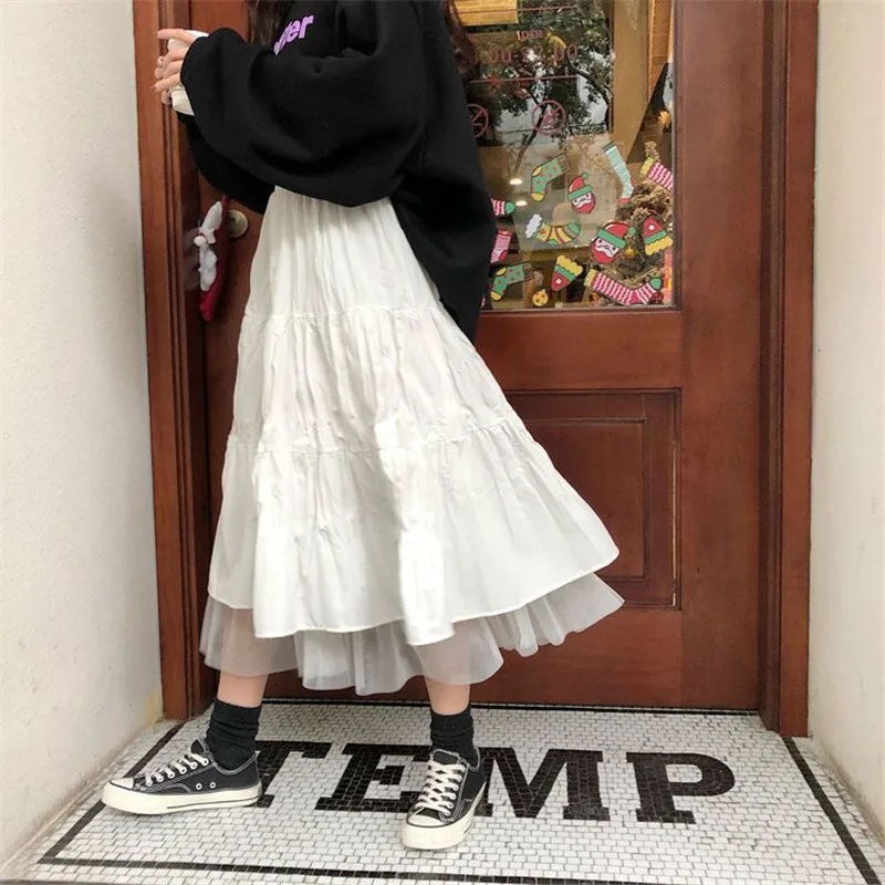 Color: WHITE, Size: M - Long Tulle Midi Skirts Womens  Autumn Elastic High Waist Mesh Tutu Pleated Skirts Female Black White Long Skirt Streetwear