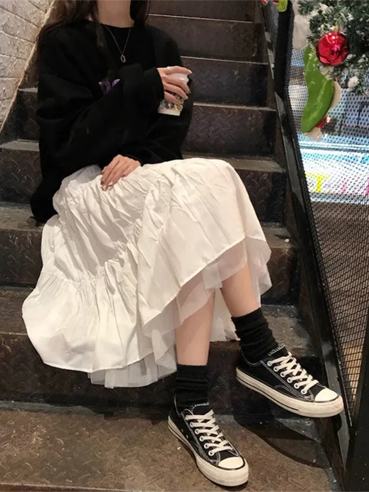 Color: WHITE, Size: M - Long Tulle Midi Skirts Womens  Autumn Elastic High Waist Mesh Tutu Pleated Skirts Female Black White Long Skirt Streetwear