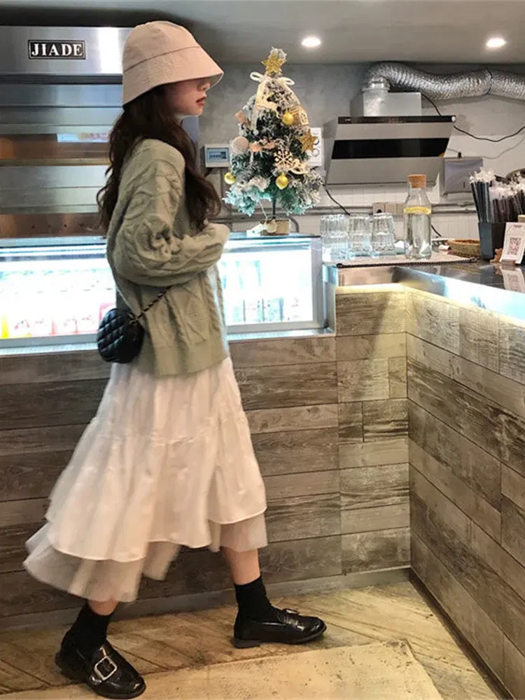 Color: WHITE, Size: M - Long Tulle Midi Skirts Womens  Autumn Elastic High Waist Mesh Tutu Pleated Skirts Female Black White Long Skirt Streetwear