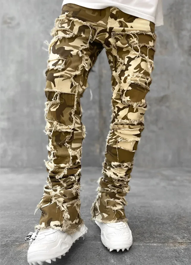 Color: green, Size: XXL - Men's Regular Fit Stacked Jeans Ripped Slim Fit Patch Distressed Destroyed Straight Denim Pants Hip Hop Streetwear Trouser Cloth