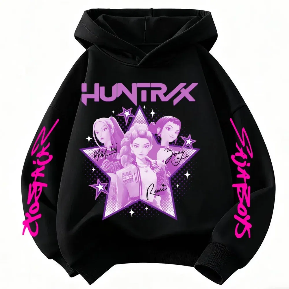 Color: black, Kid Size: 4 - KPop Demon Hunter Huntrix Children's Sweatshirt Autumn New Boys Girls Fashion Street Pullover Children's Clothing