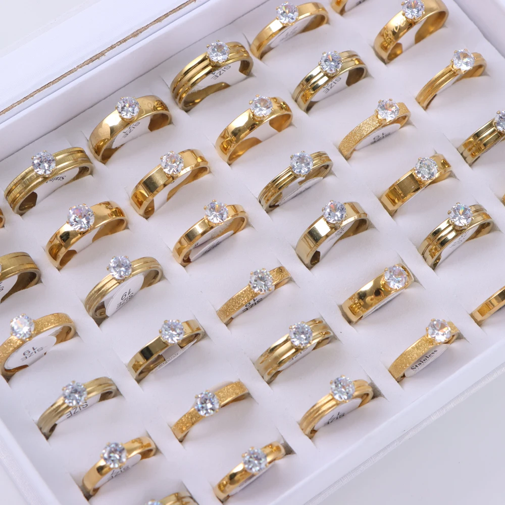 Main Stone Color: WHITE, Metal Color: Antique Bronze Plated, Ring Size: 17 - 10/20/30/50Pcs/Lot Fashion Elegant Inlaid Stainless Steel Ring With Rhinestone High-end Women's Proposal Engagement Jewelry Gift