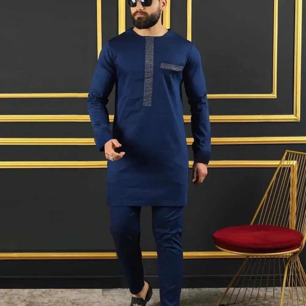 New Dashiki Men's Set Grey Round Neck Long Sleeve Luxury Brand Men's Suit Casual Slim Fit Men's Set Wedding Evening Suit