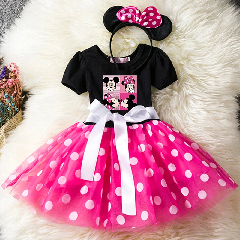 Color: Khaki, Size: XL - Cartoon Mickey Minnie Mouse Kids Short Sleeve Polka Dot Princess Dress 1-6Y Party Baby Girls Clothes Cosplay Costumes