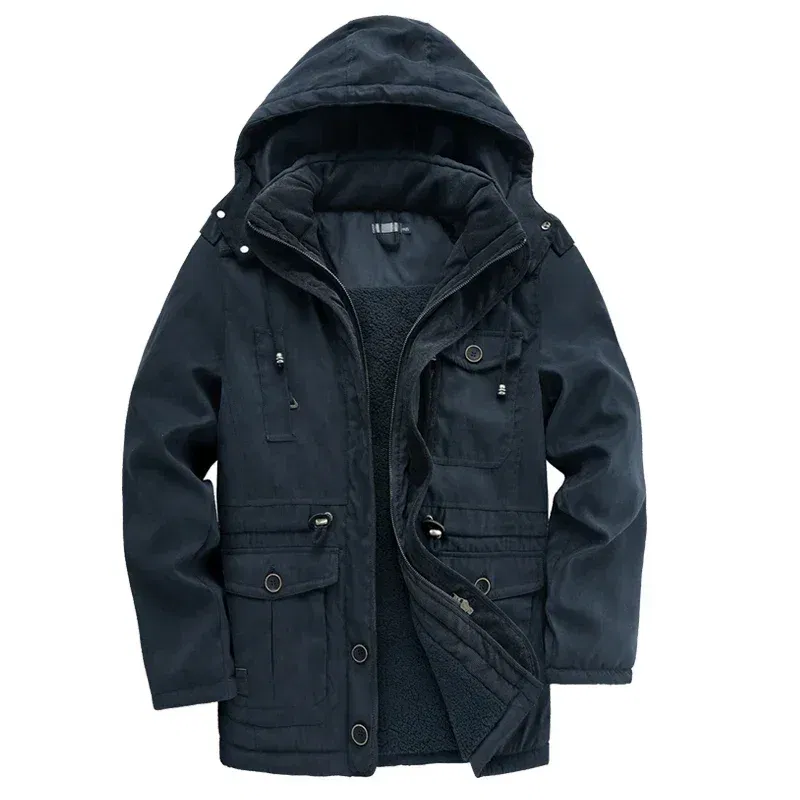 Color: Khaki, Size: XXXL - Winter Parka Military Outdoor Fleece Men Large SIZE Men Warm Jacket Men Cotton Windproof Casual Parka Stand Collar Lamb Cashmere