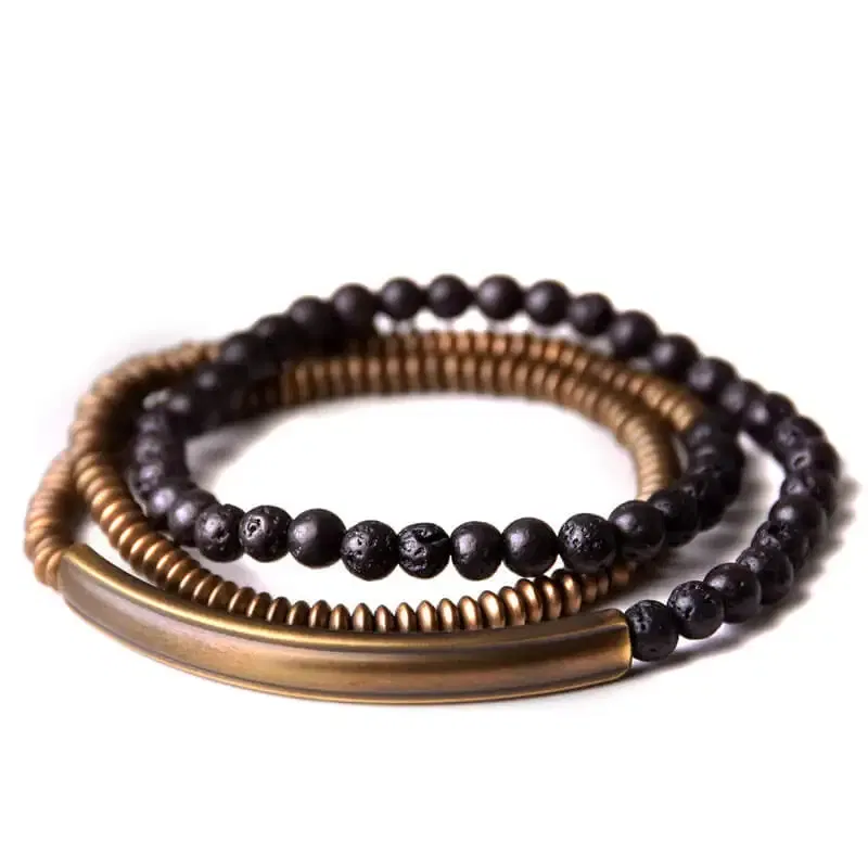 Length: 16cm - Metallic Copper Lava Stone Handmade Bracelet Multi Row Jewelry For Men Women Rock Street Hardwear Original Design Bangle