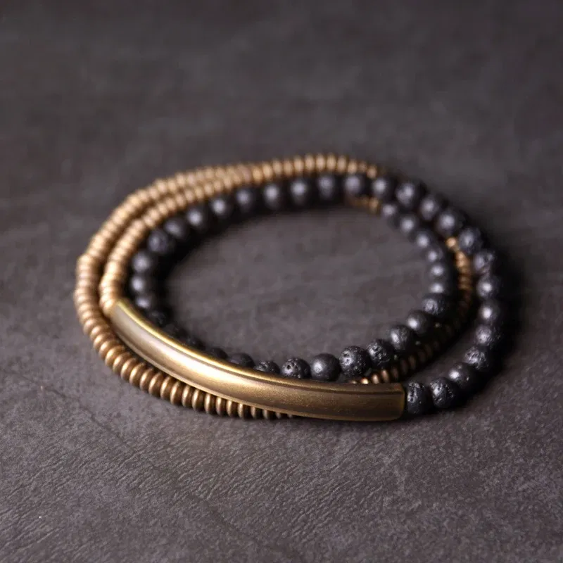Length: 16cm - Metallic Copper Lava Stone Handmade Bracelet Multi Row Jewelry For Men Women Rock Street Hardwear Original Design Bangle