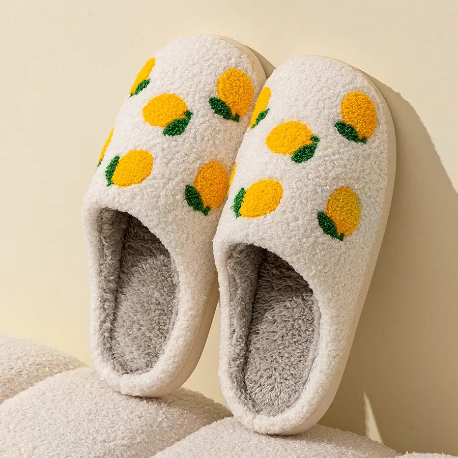 Color: Yellow, Shoe Size: 3 - Cute Avocado Women Slippers Winter Warm Indoor Fruit Cartoon Funny Soft Non-slip Slipper Cherry Strawberry Comfy Cotton Shoes