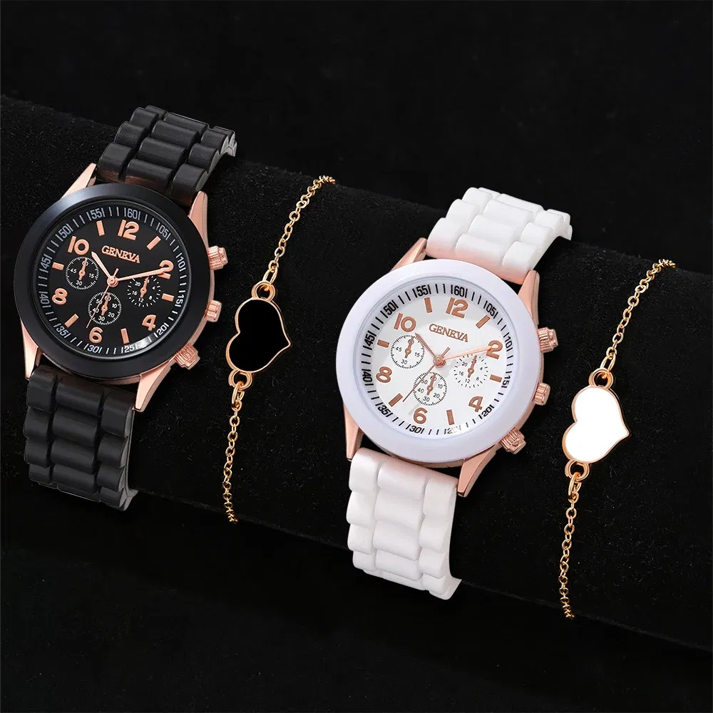 Color: Pink - 2PCS Set Couple Fashion Casual Leather Watches Ladies Simple Dial Quartz Wristwatches Dress Clock Montre Femme