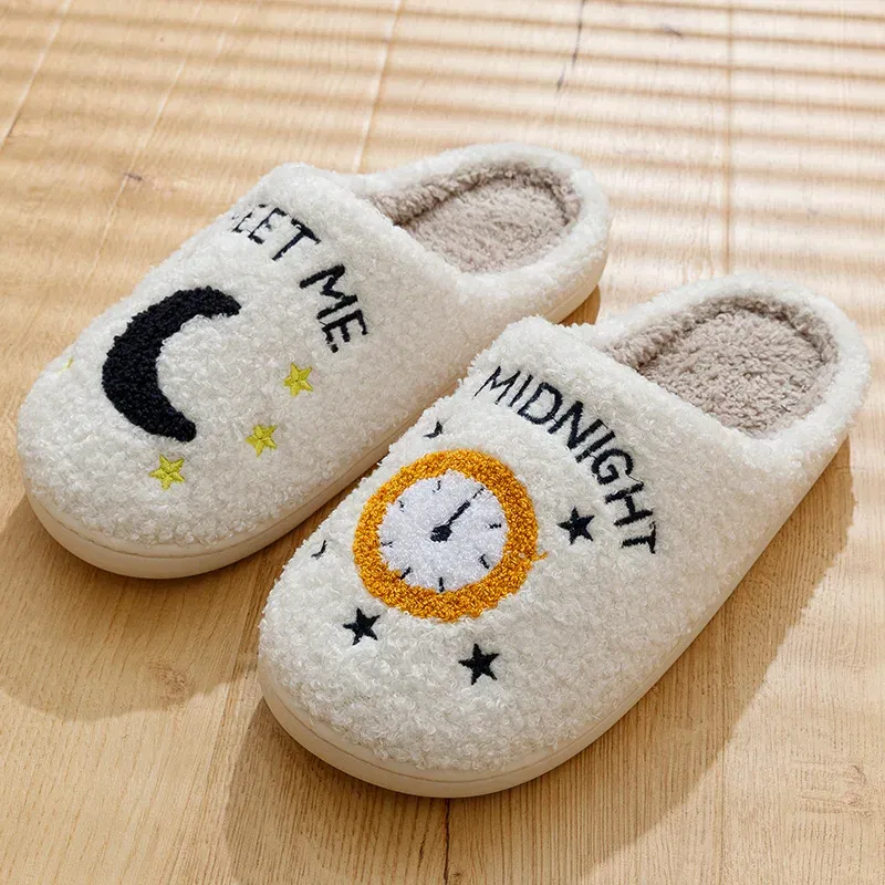 Color: WHITE, Shoe Size: 4.5 - Warm Slippers  Cushion Slides Meet Me At Midnight Soft Warm Comfort Flat Cozy Fuzzy Woman House Slippers Funny Shoes