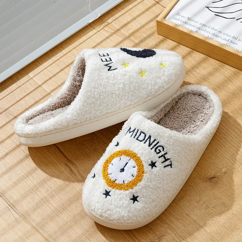 Color: WHITE, Shoe Size: 4.5 - Warm Slippers  Cushion Slides Meet Me At Midnight Soft Warm Comfort Flat Cozy Fuzzy Woman House Slippers Funny Shoes