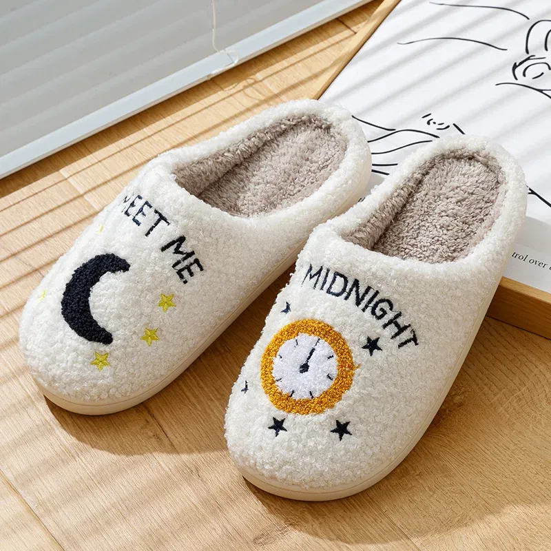 Color: WHITE, Shoe Size: 4.5 - Warm Slippers  Cushion Slides Meet Me At Midnight Soft Warm Comfort Flat Cozy Fuzzy Woman House Slippers Funny Shoes