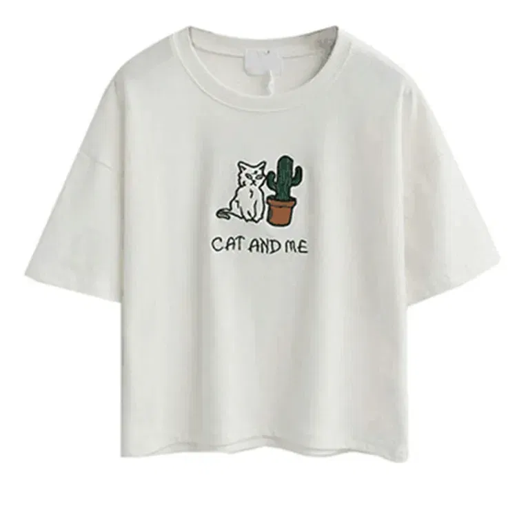 Color: WHITE, Size: S, Ships From: CHINA - 2021 Summer Cotton Short Sleeved Crop Top T-shirt Femme Embroidered Cat T Shirts Cartoon Women Fashion Cactus Top Tee T Shirt