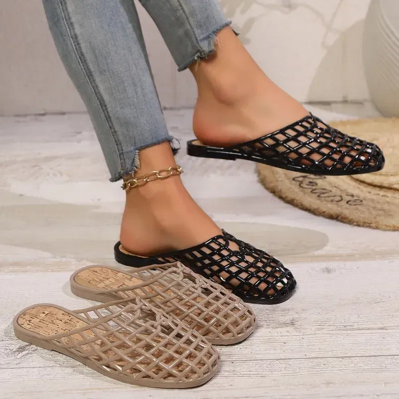 Color: Khaki, Shoe Size: 39 - Women's Shoes 2025 Summer New Mesh Woven Hollowed-out Breathable Head Slippers for Women's Toe Wedge Sandals Zapatos De Mujer