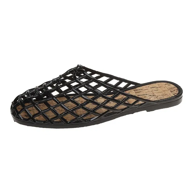Color: Khaki, Shoe Size: 39 - Women's Shoes 2025 Summer New Mesh Woven Hollowed-out Breathable Head Slippers for Women's Toe Wedge Sandals Zapatos De Mujer