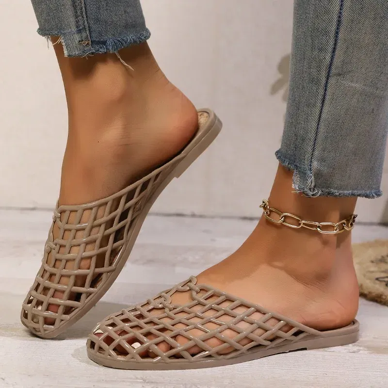 Color: Khaki, Shoe Size: 39 - Women's Shoes 2025 Summer New Mesh Woven Hollowed-out Breathable Head Slippers for Women's Toe Wedge Sandals Zapatos De Mujer