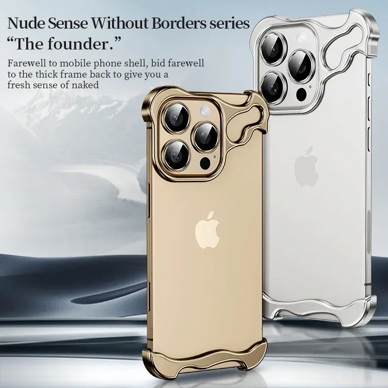 Color: black, Material: Neoprene - Aluminum Metal Rimless Phone Case for iPhone 16 15 14 Plus 13 12 Pro Max Lens Protective Film Hollow Logo Cooling Accessory Case