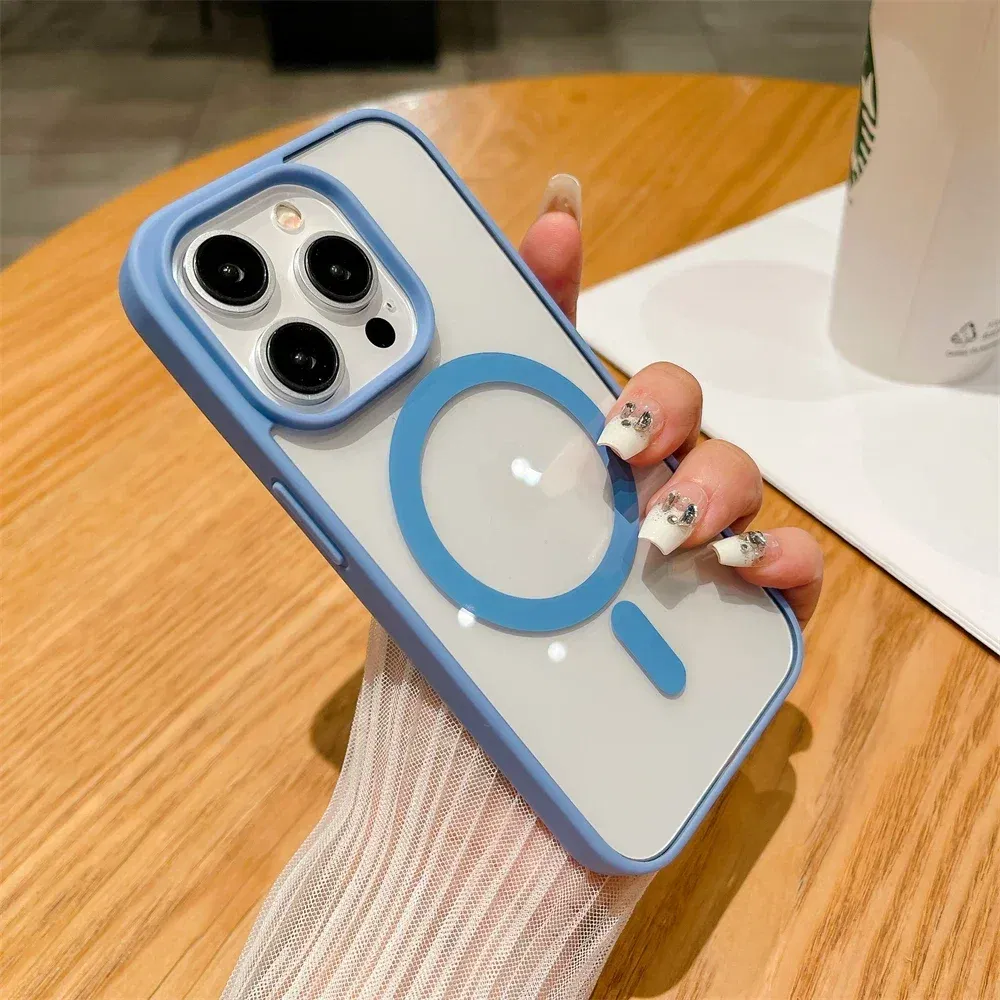 Color: LIGHT BLUE, Material: PVC - Luxury Shockproof Magsafe Wireless Charge Case for iPhone 17 Air 16 15 14 Plus 13 12 Mini 11 Pro Max Clear Magnetic Bumper Cover