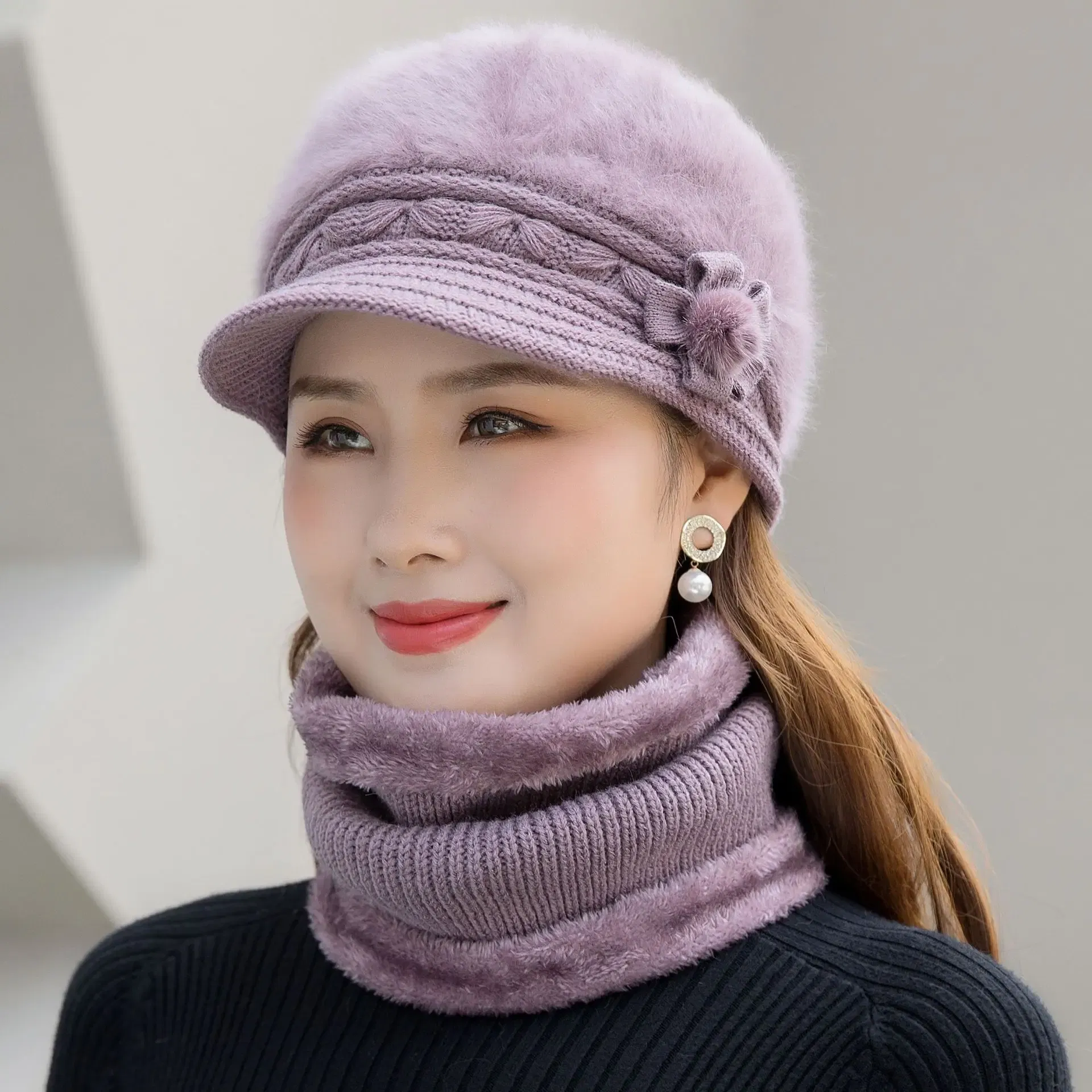 Color: SKY BLUE - New Women Winter Hat Keep Warm Cap Add Fur Lined Hat & Scarf Warm Set Fashion Hat For Women Casual Faux Fur Flower Knitted Hat