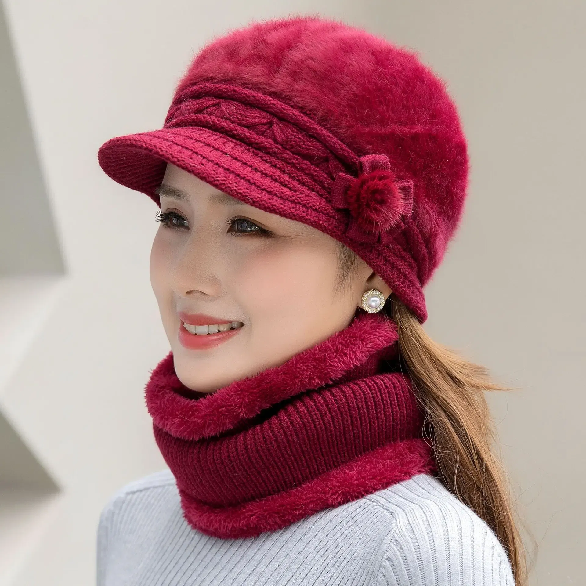 Color: SKY BLUE - New Women Winter Hat Keep Warm Cap Add Fur Lined Hat & Scarf Warm Set Fashion Hat For Women Casual Faux Fur Flower Knitted Hat