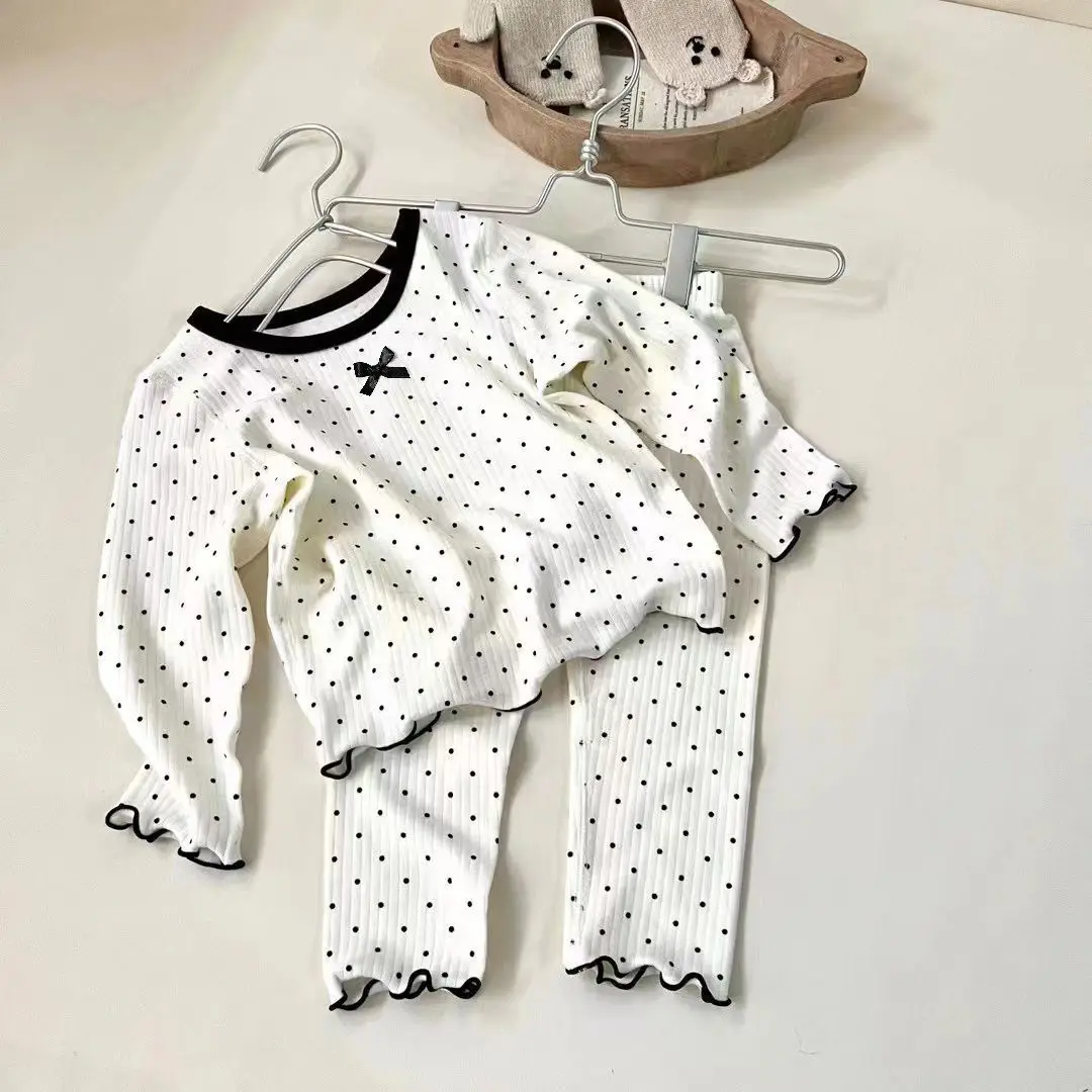 Color: Beige, Kid Size: 6T - Korean Girls' Loungewear Set - Dot Bow Pajamas & Soft Cotton Homewear | Fall Toddler Outfit  Toddler Girl Clothes
