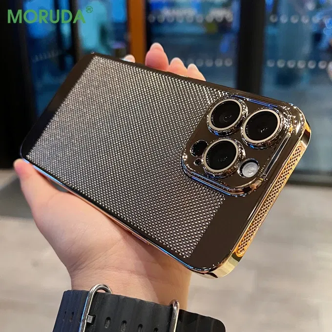Color: Blue, Material: leather - Luxury Plating Hollowed Out Case for iPhone 12 13 Mini 11 14 Pro Max X XR Xs Max 7 8 Plus Heat Dissipation Shockproof Lens Cover