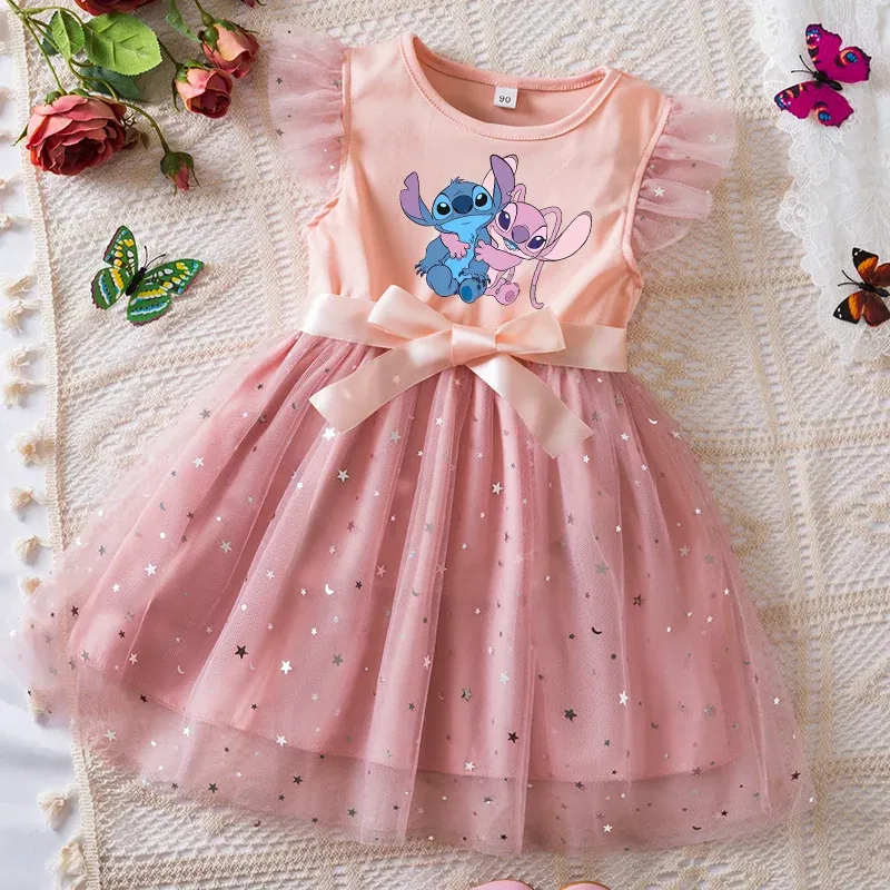 Color: Pink, Kid Size: 4T - Lilo Stitch Girls Sequin Tutu Dress with Bow Flutter Sleeves Summer Princess Party Outfit for Toddler Kids 2-6 Years