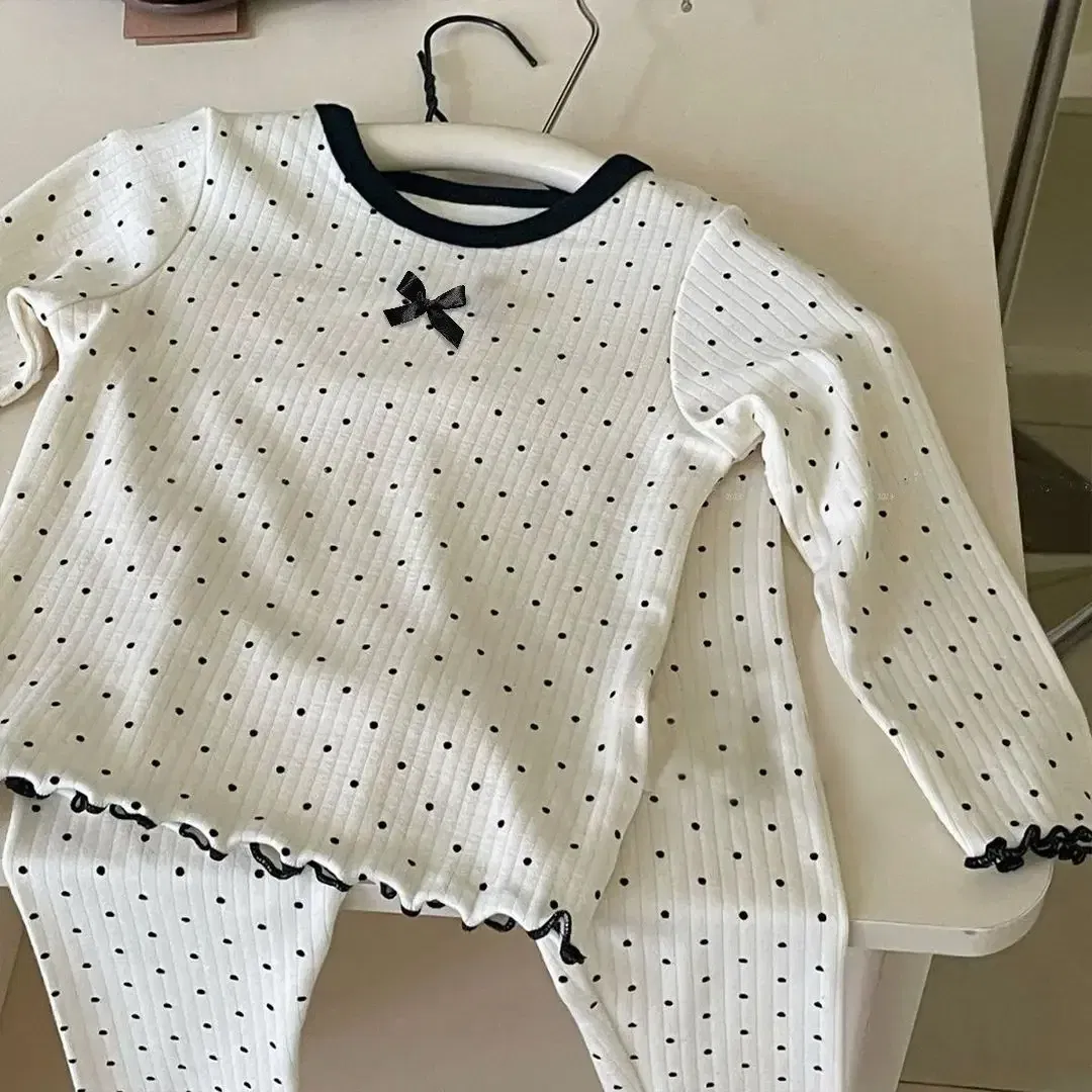 Color: Beige, Kid Size: 4T - Korean Girls' Loungewear Set - Dot Bow Pajamas & Soft Cotton Homewear | Fall Toddler Outfit  Toddler Girl Clothes