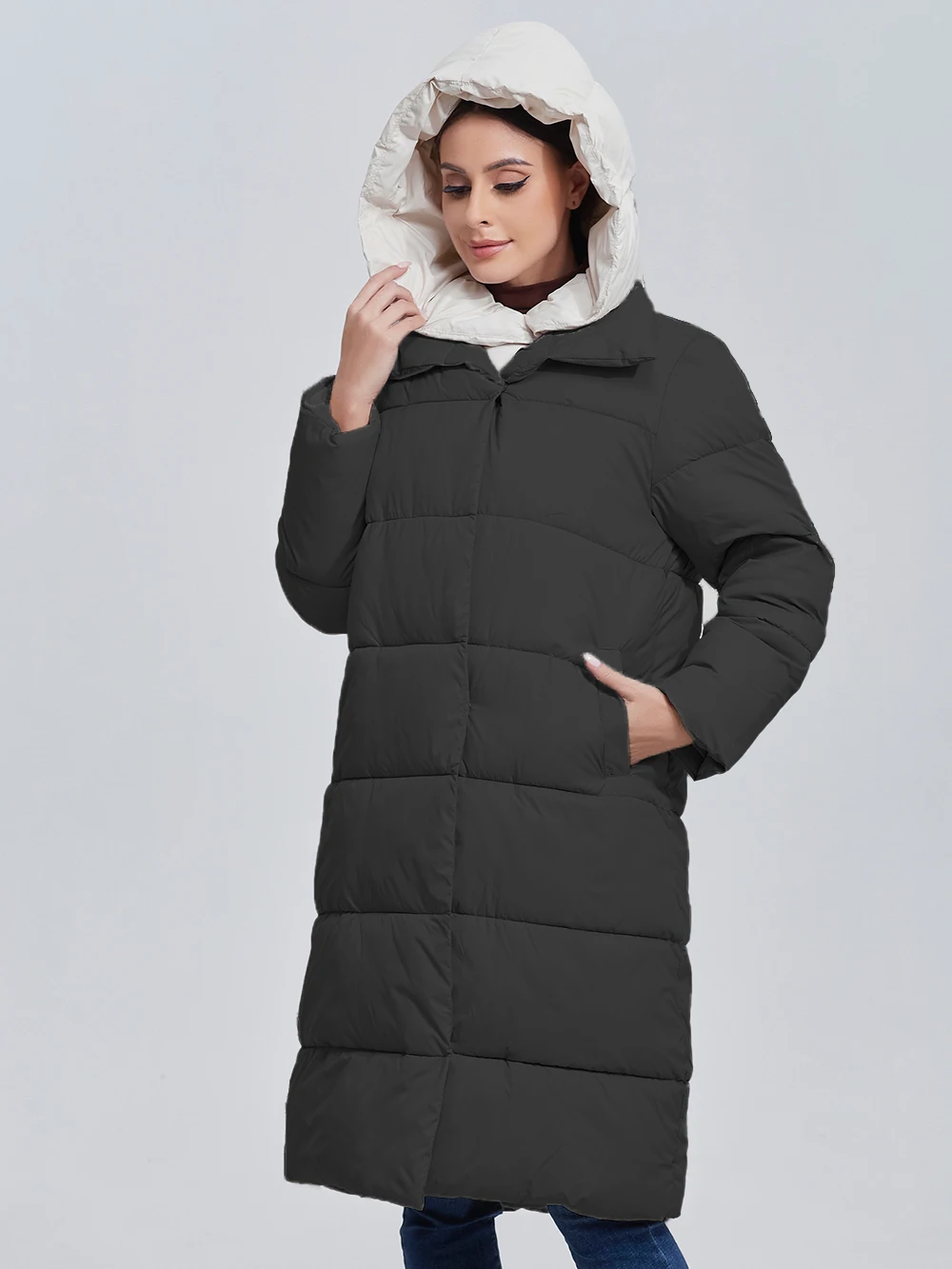 Color: black, Size: L - Marwin 2023 Winter Elegant Women's Cotton Coat Stylish Collar Long Warm Hooded Jacket Female Windproof Parka