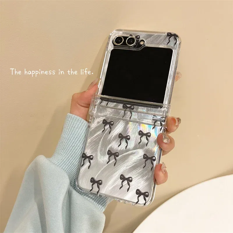 Color: GRAY, Material: EVA - For Samsung Galaxy Z Flip 3 4 5 6 Case Cute Pink Black Bow Feather Cards Bracelet Cover For Samsung Z Flip3 Flip4 ZFlip5